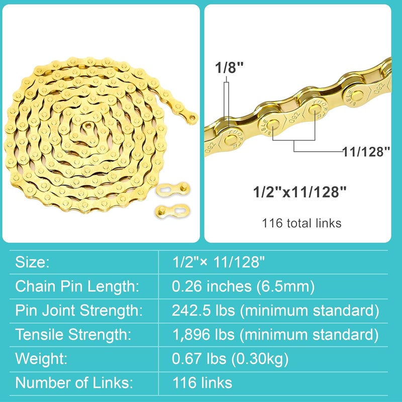 Tailcle Gold 9 Speed Bike Chain, Bicycle Chain Bike Parts Chain Replacement for Road E-Bike Mountain Racing Cycling E-Bike MTB BMX (Gold 9 Speed) - Image 5
